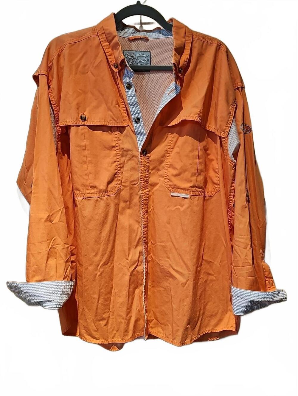 Lady Drake Womens Orange Vented Fishing Shirt Long Sleeve Size Medium Button Up